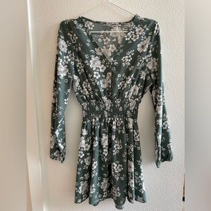 Sage green floral long sleeve dress ruched waist dress, cottagecore dress